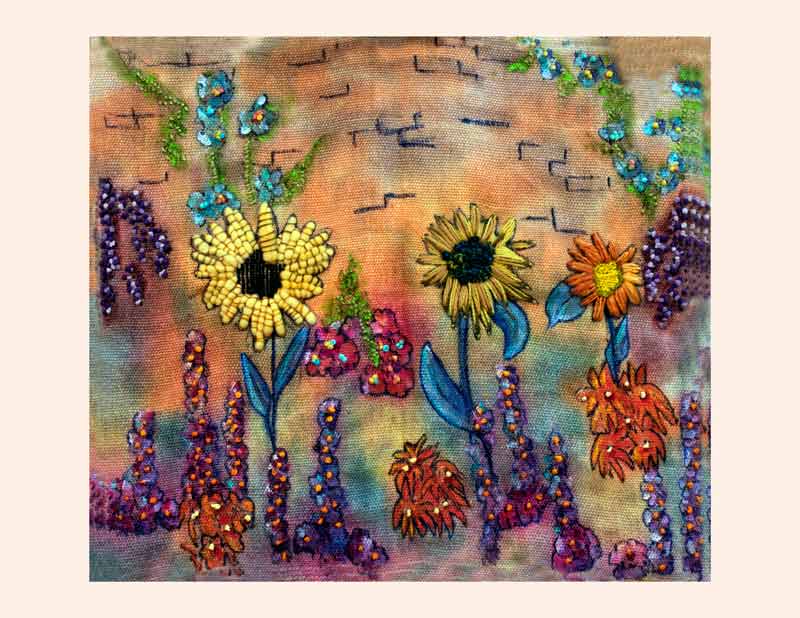 Art Kelly McLeod acrylic and stitching Flowers On The Wall